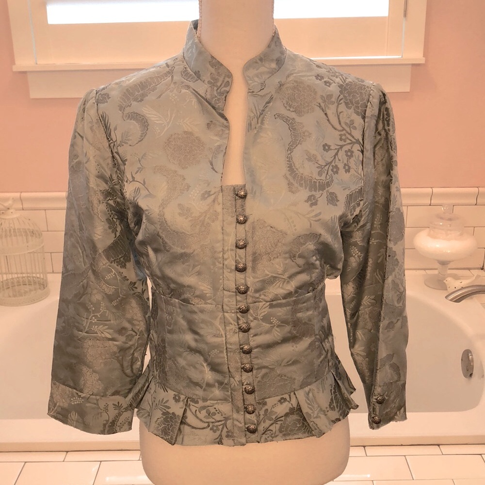 Vintage Elexenses for Anthropology silvery blue silk Japanese pattern jacket 12